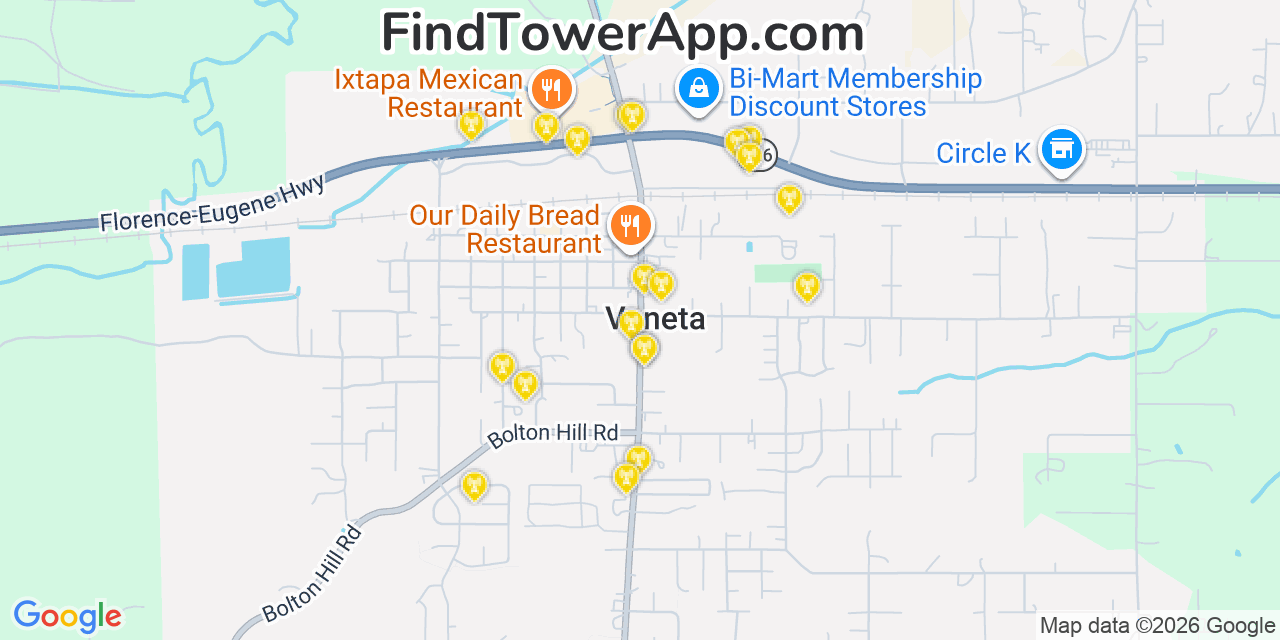 Map showing the 20 primary cell tower locations detected in Veneta, Oregon from AT&T, Verizon, and T-Mobile networks