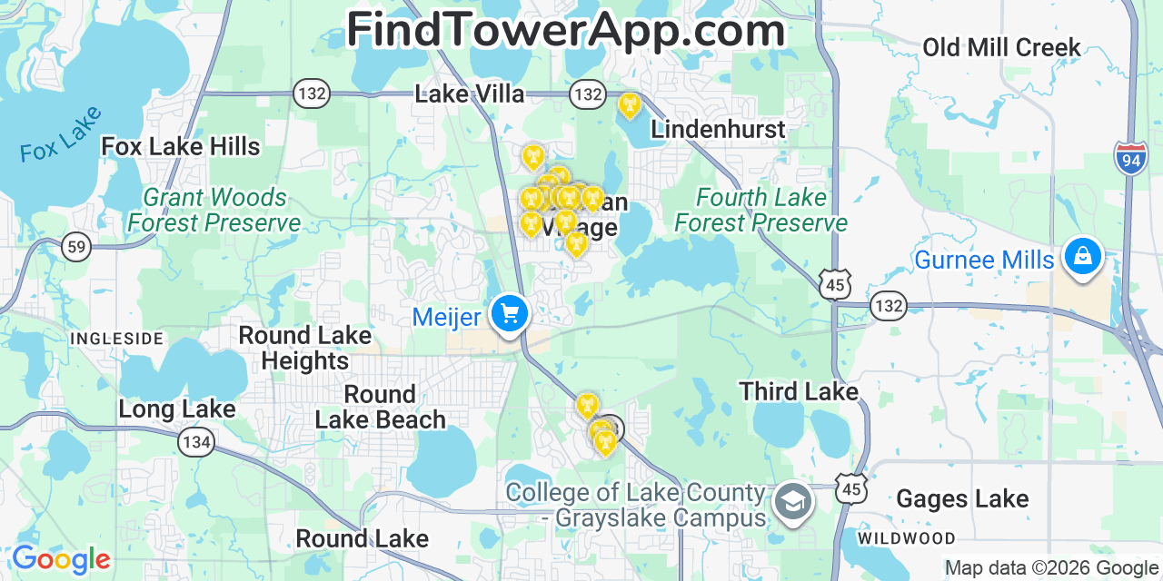 Map showing the 20 primary cell tower locations detected in Venetian Village, Illinois from AT&T, Verizon, and T-Mobile networks