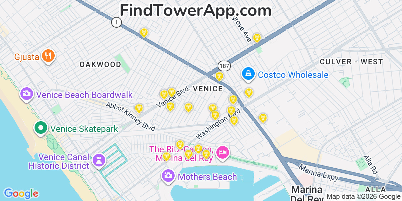 Map showing the 20 primary cell tower locations detected in Venice, California from AT&T, Verizon, and T-Mobile networks