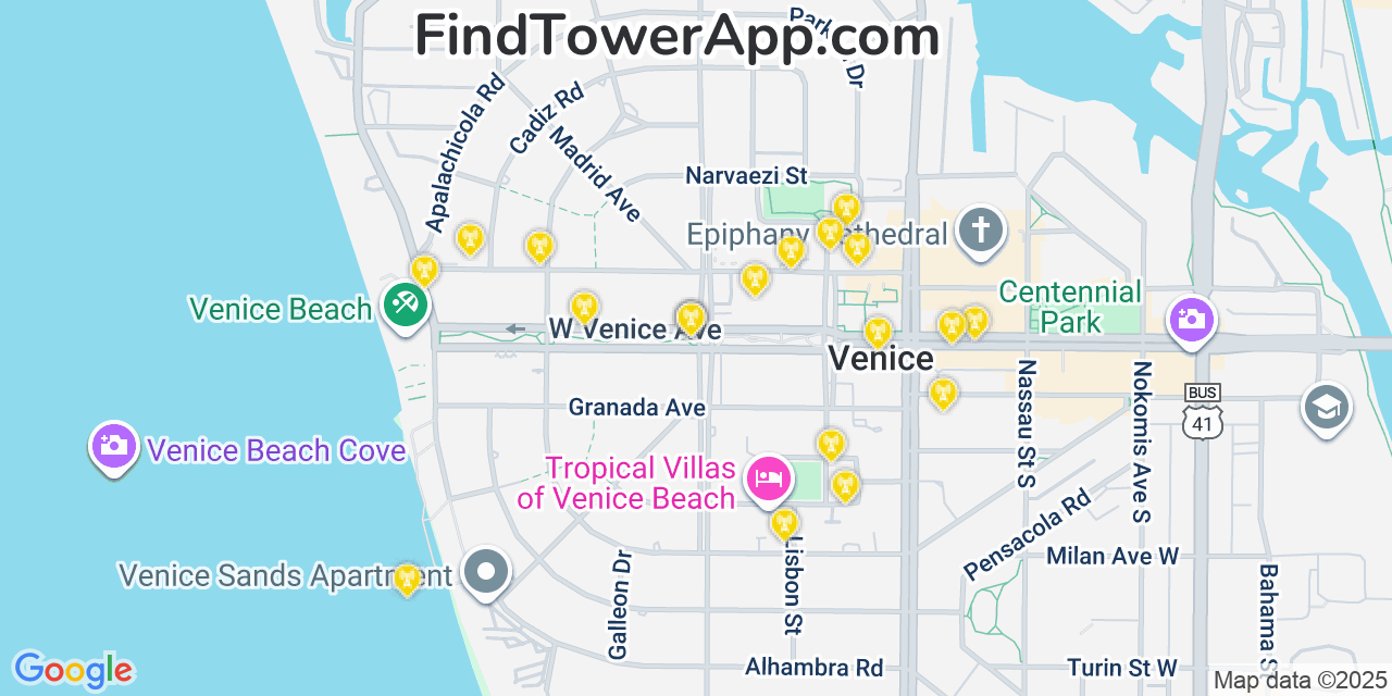 Map showing the 20 primary cell tower locations detected in Venice, Florida from AT&T, Verizon, and T-Mobile networks