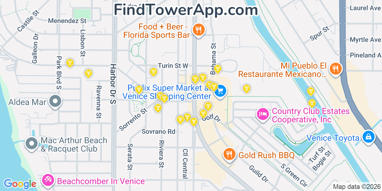 Map showing the 20 primary cell tower locations detected in Venice, Florida from AT&T, Verizon, and T-Mobile networks