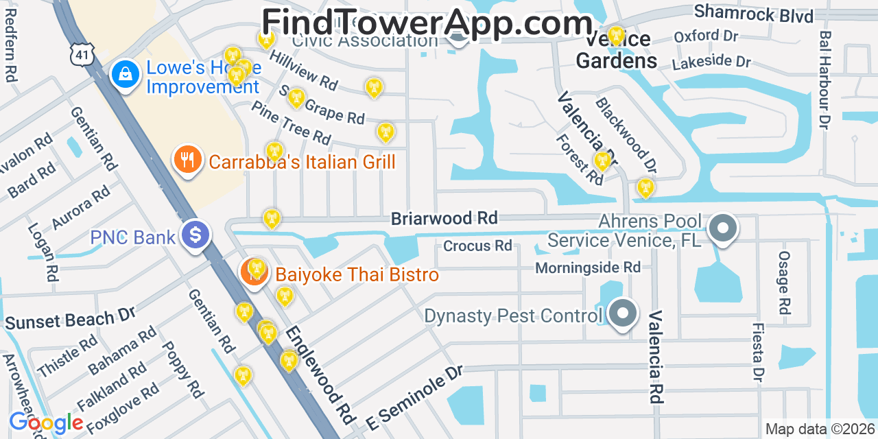 Map showing the 20 primary cell tower locations detected in Venice Gardens, Florida from AT&T, Verizon, and T-Mobile networks