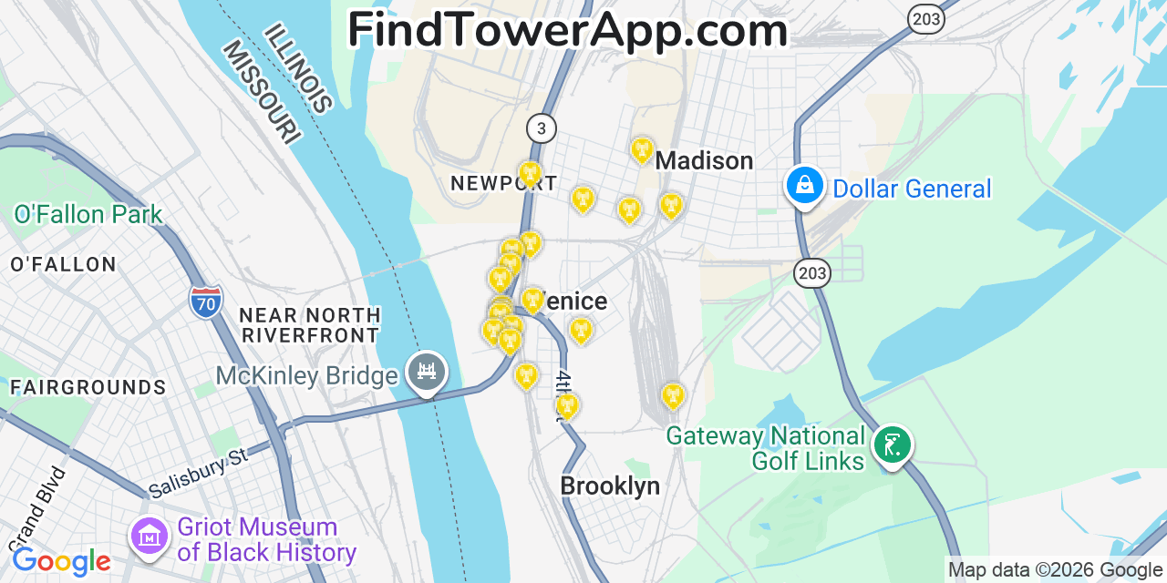 Map showing the 20 primary cell tower locations detected in Venice, Illinois from AT&T, Verizon, and T-Mobile networks