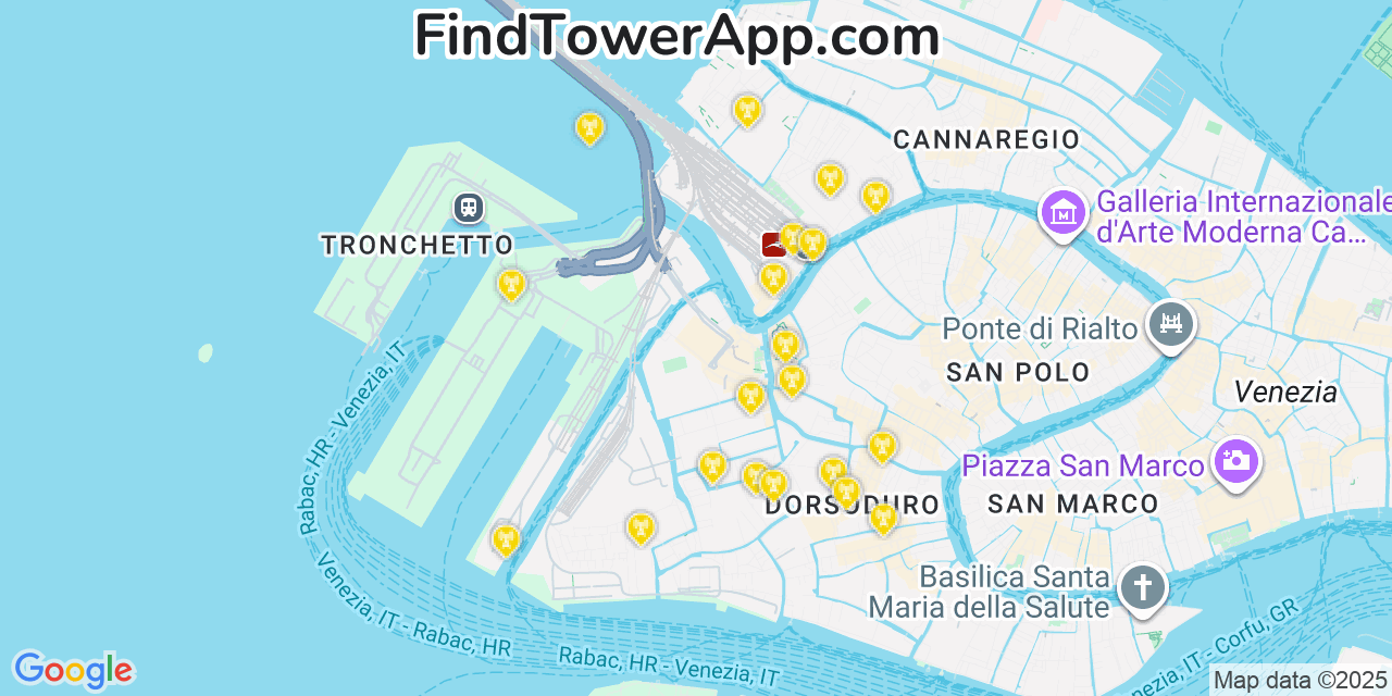 Map showing the 20 primary cell tower locations detected in Venice, Italy with coverage areas and signal strength