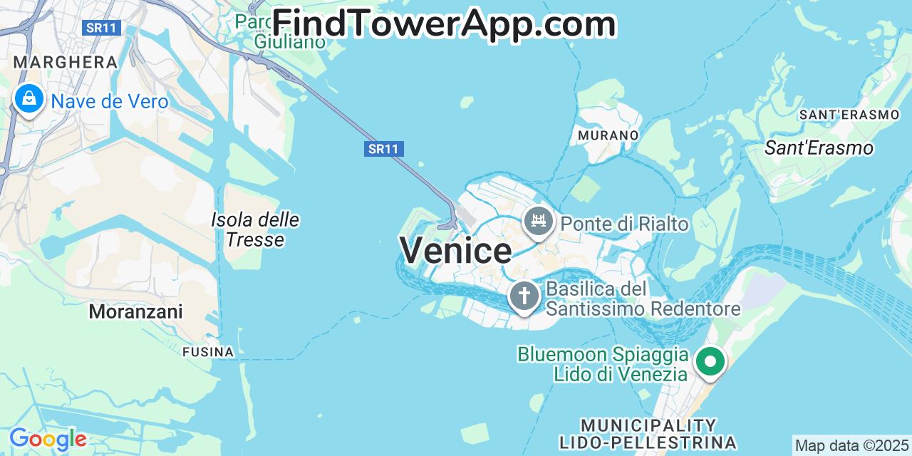 Map showing the 0 primary ho.mobile cell tower locations detected in Venice, Italy with coverage radius and signal strength indicators