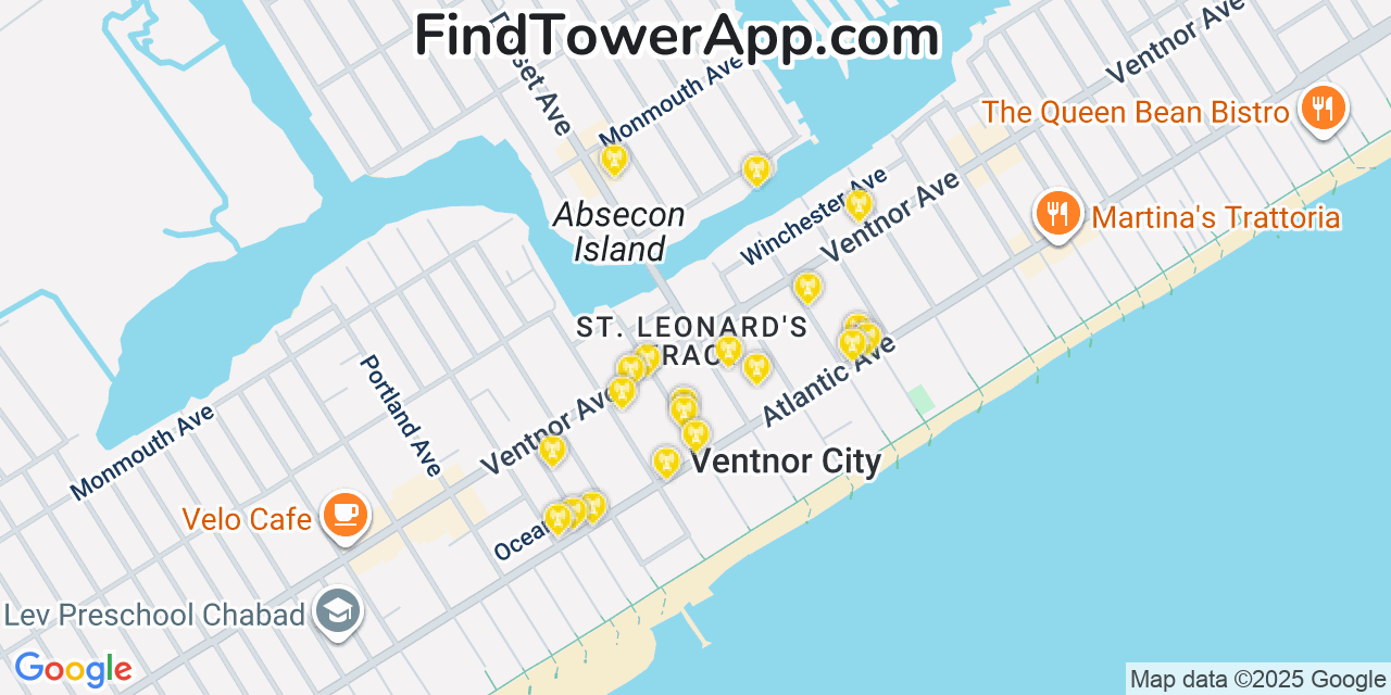 Map showing the 20 primary cell tower locations detected in Ventnor City, New Jersey from AT&T, Verizon, and T-Mobile networks