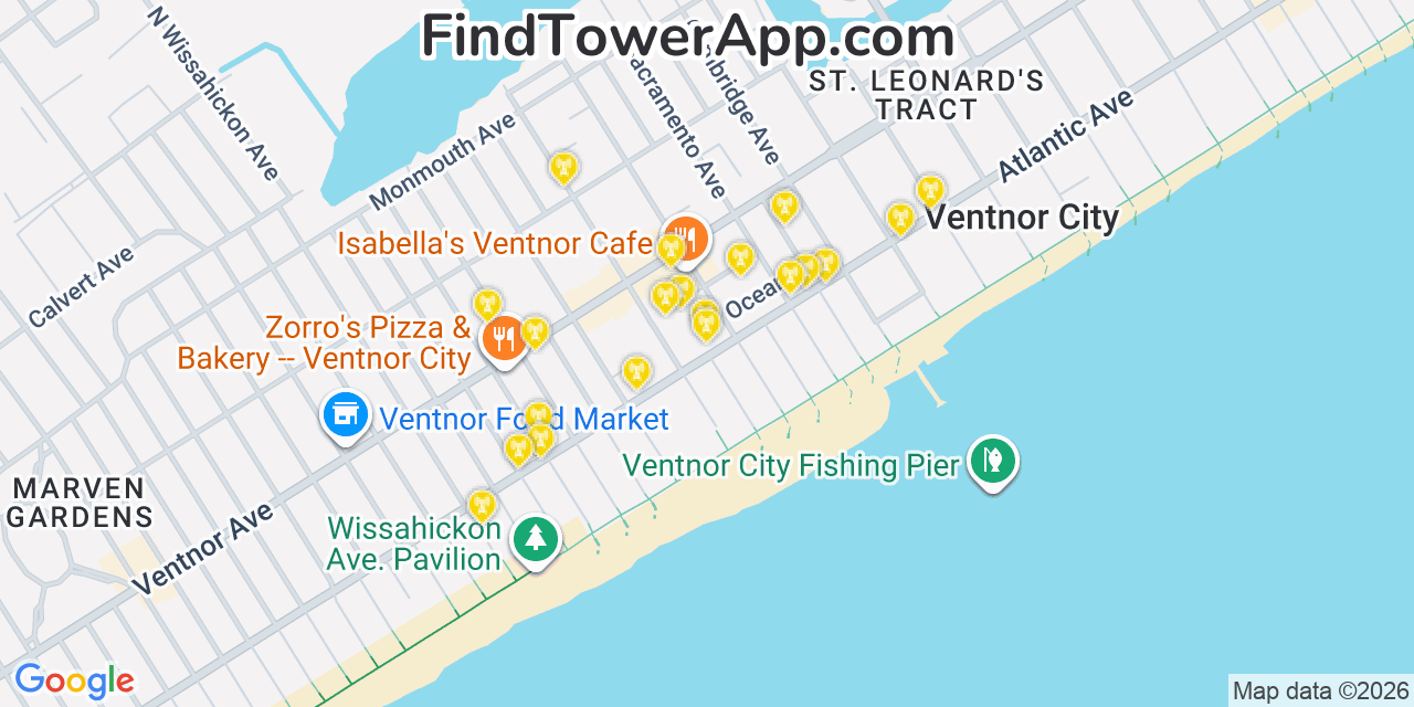 Map showing the 20 primary cell tower locations detected in Ventnor City, New Jersey from AT&T, Verizon, and T-Mobile networks