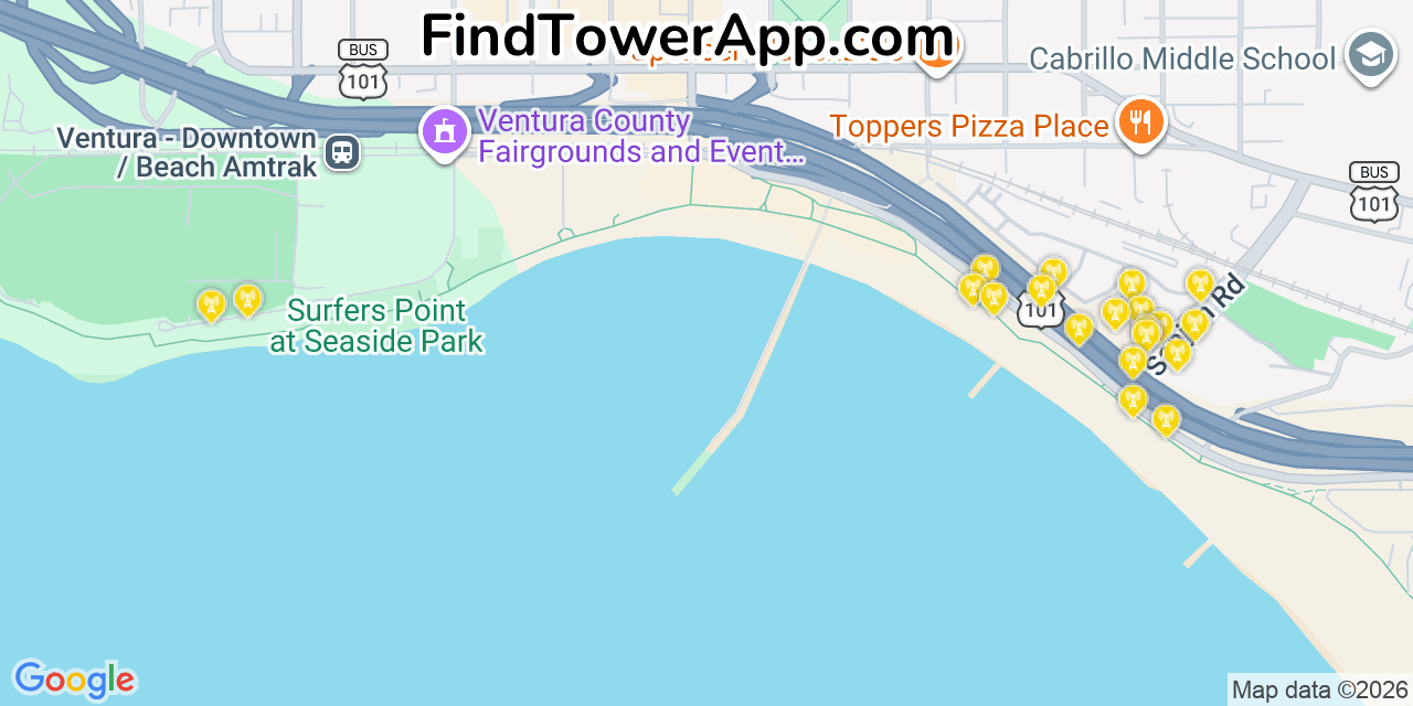 Map showing the 20 primary cell tower locations detected in Ventura, California from AT&T, Verizon, and T-Mobile networks