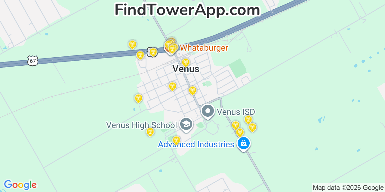 Map showing the 20 primary cell tower locations detected in Venus, Texas from AT&T, Verizon, and T-Mobile networks