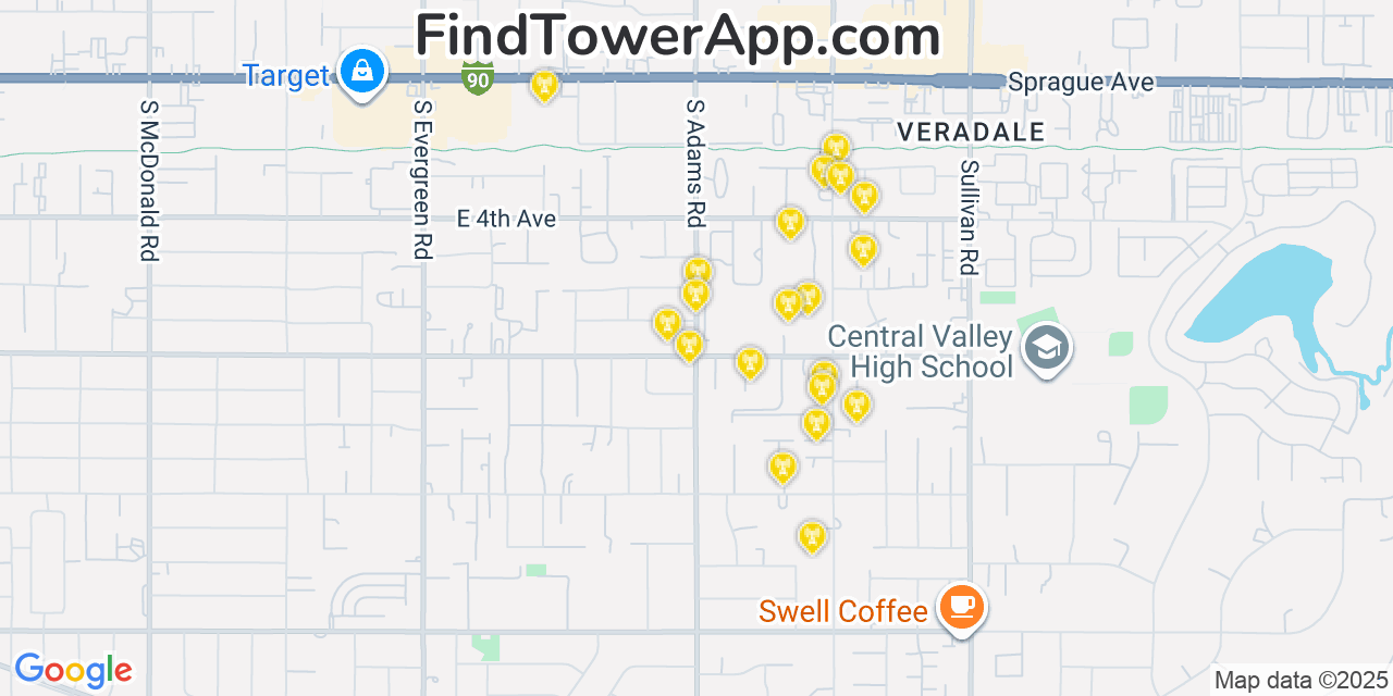 Map showing the 20 primary cell tower locations detected in Veradale, Washington from AT&T, Verizon, and T-Mobile networks