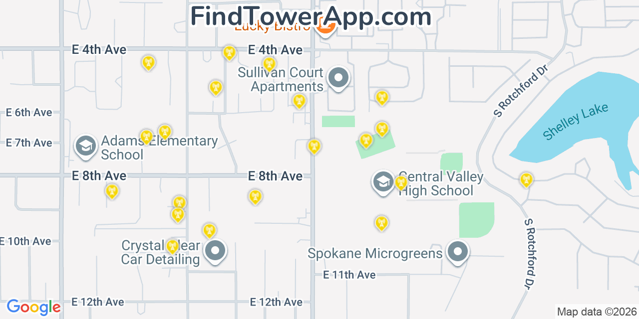 Map showing the 20 primary cell tower locations detected in Veradale, Washington from AT&T, Verizon, and T-Mobile networks