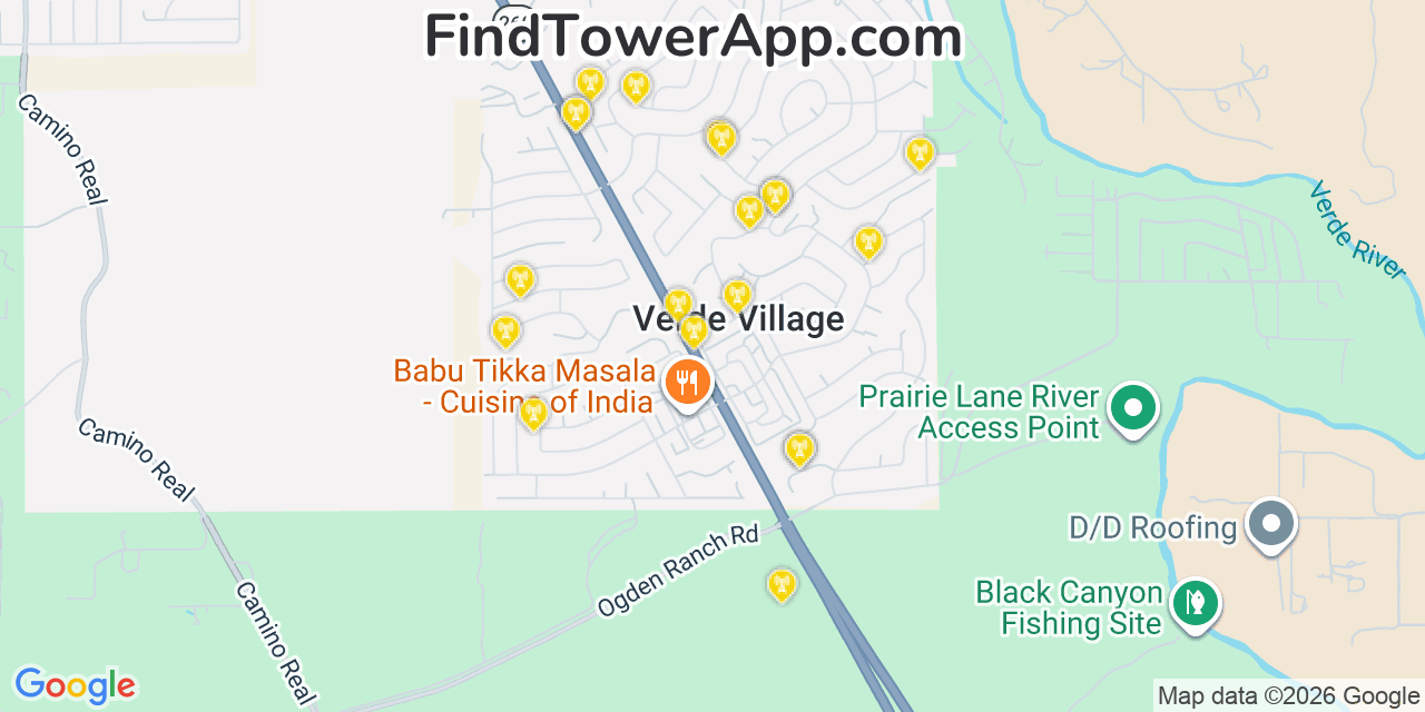 Map showing the 20 primary cell tower locations detected in Verde Village, Arizona from AT&T, Verizon, and T-Mobile networks