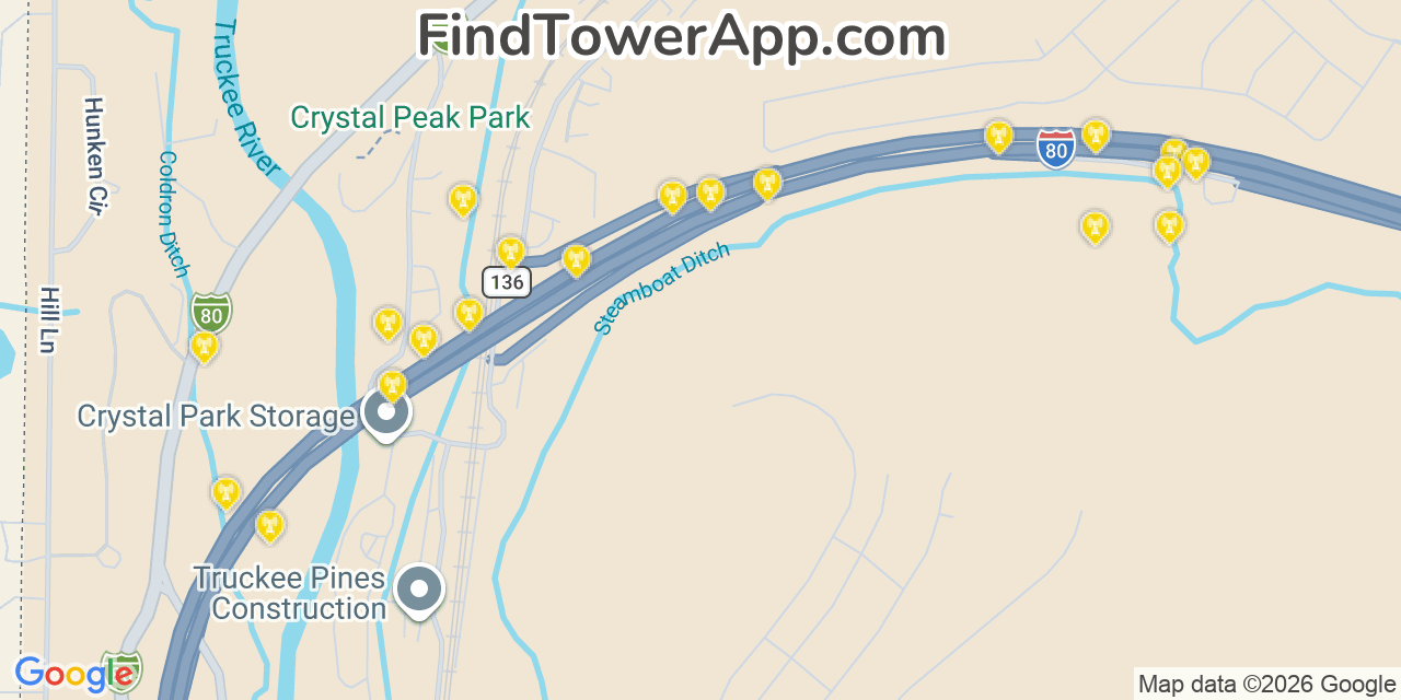 Map showing the 20 primary cell tower locations detected in Verdi, Nevada from AT&T, Verizon, and T-Mobile networks