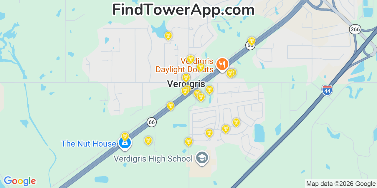Map showing the 20 primary cell tower locations detected in Verdigris, Oklahoma from AT&T, Verizon, and T-Mobile networks