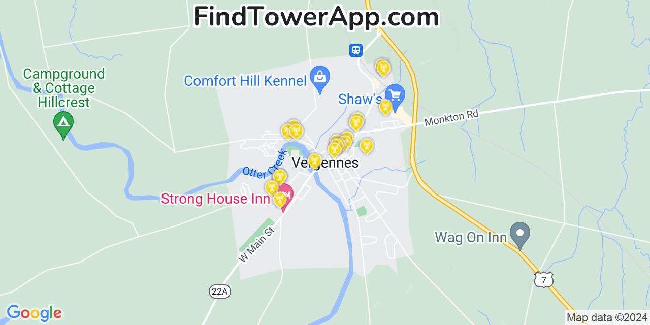 AT&T 4G/5G cell tower coverage map Vergennes, Vermont