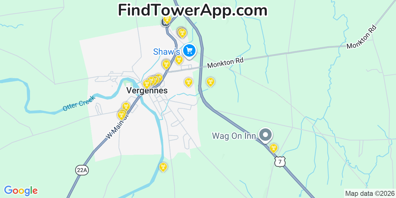 Map showing the 20 primary cell tower locations detected in Vergennes, Vermont from AT&T, Verizon, and T-Mobile networks