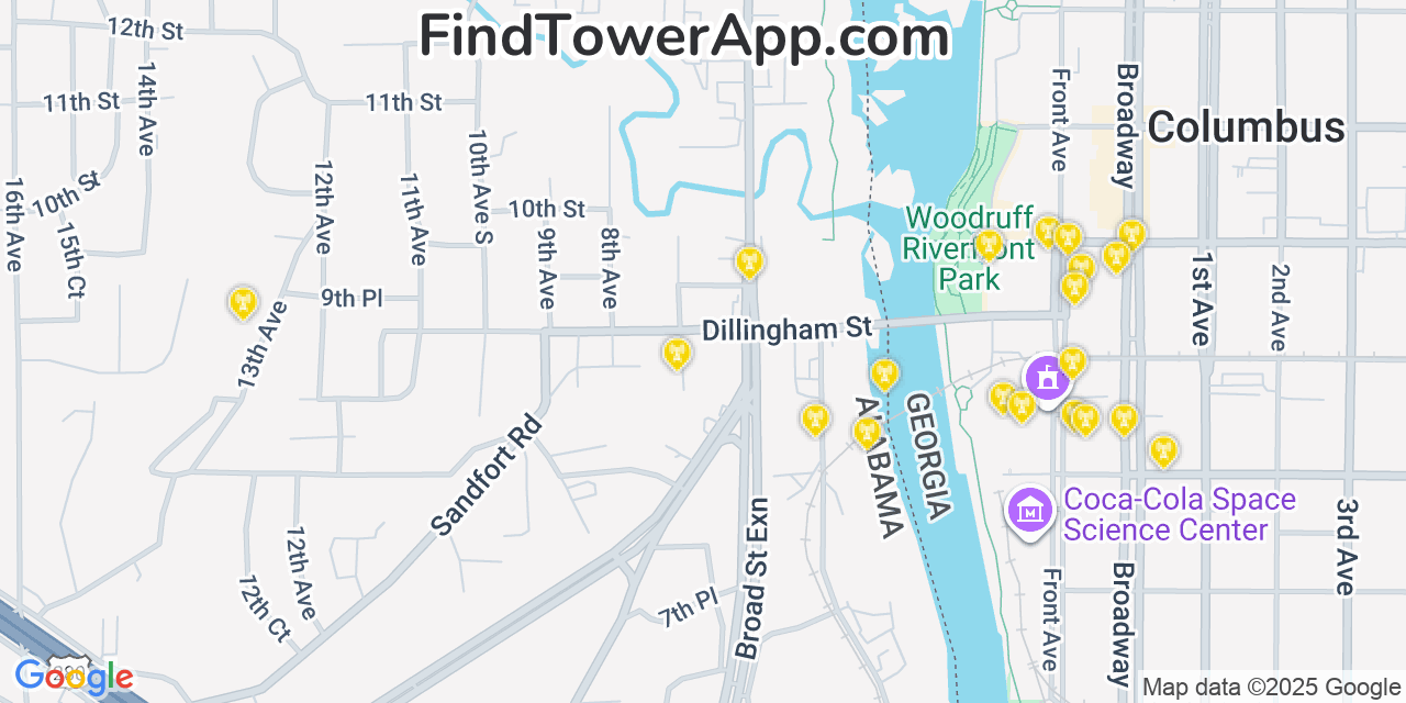 Map showing the 20 primary cell tower locations detected in Verizon, Alabama Phenixcity from AT&T, Verizon, and T-Mobile networks