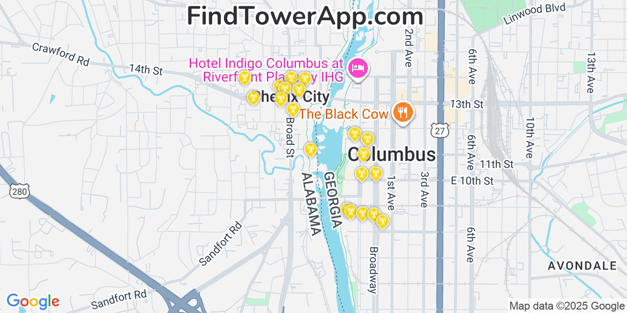 Map showing the 20 primary Verizon cell tower locations detected in Verizon, Alabama Phenixcity with coverage radius and signal strength indicators