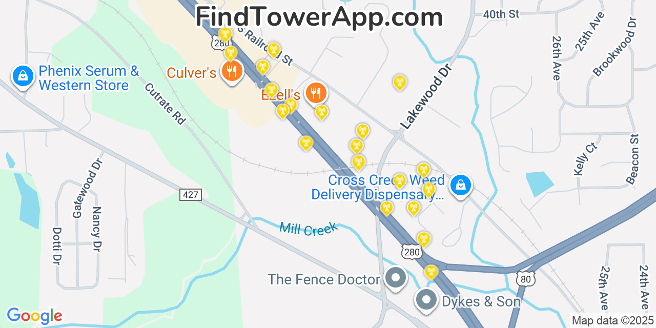 Map showing the 20 primary AT&T cell tower locations detected in Verizon, Alabamaphenixcity with coverage radius and signal strength indicators