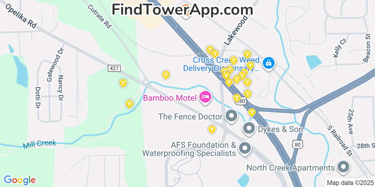 Map showing the 20 primary cell tower locations detected in Verizon, Alabamaphenixcity from AT&T, Verizon, and T-Mobile networks