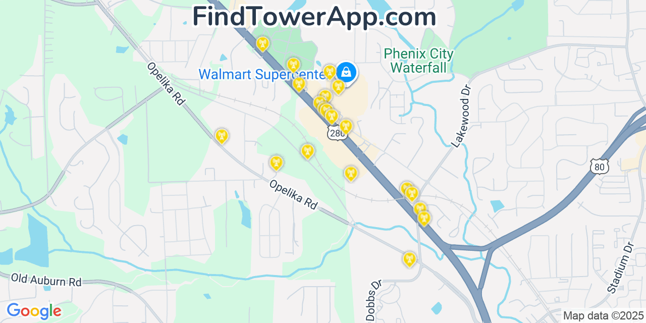 Map showing the 20 primary T-Mobile cell tower locations detected in Verizon, Alabamaphenixcity with coverage radius and signal strength indicators