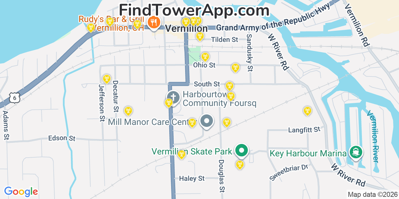 Map showing the 20 primary cell tower locations detected in Vermilion, Ohio from AT&T, Verizon, and T-Mobile networks