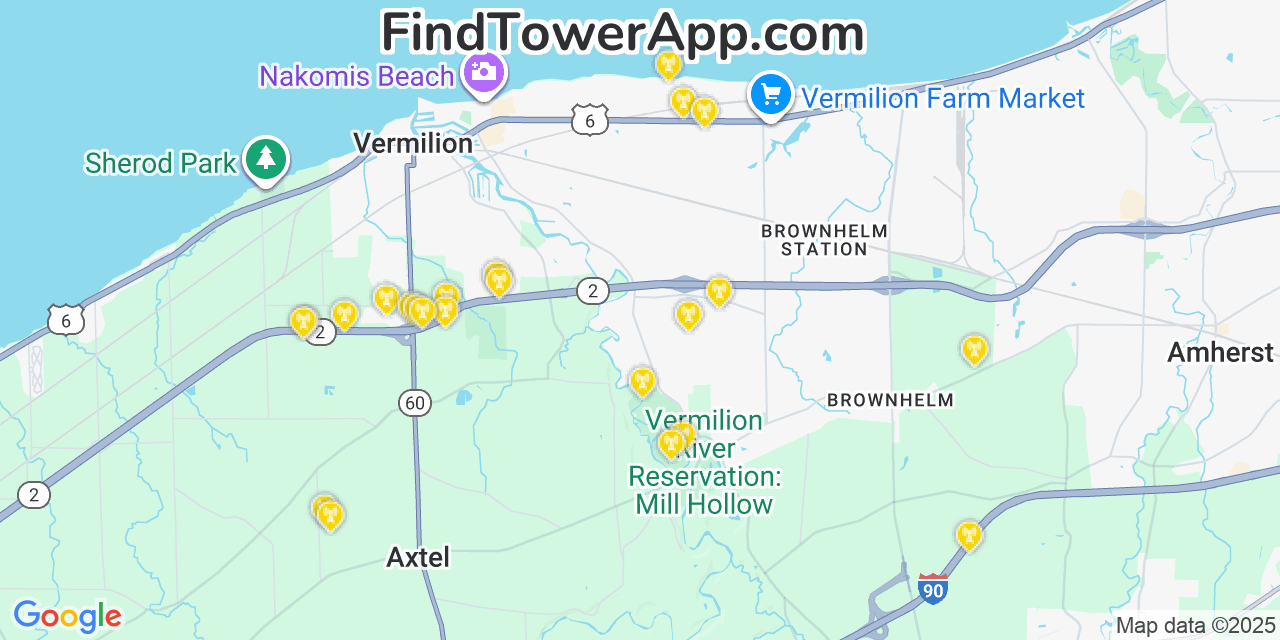 Map showing the 23 primary AT&T cell tower locations detected in Vermilion On The Lake, Ohio with coverage radius and signal strength indicators
