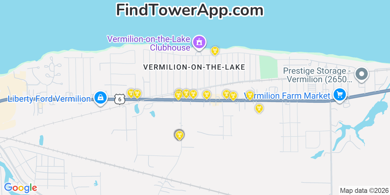 Map showing the 20 primary cell tower locations detected in Vermilion On The Lake, Ohio from AT&T, Verizon, and T-Mobile networks