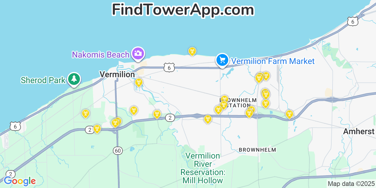 Map showing the 21 primary T-Mobile cell tower locations detected in Vermilion On The Lake, Ohio with coverage radius and signal strength indicators