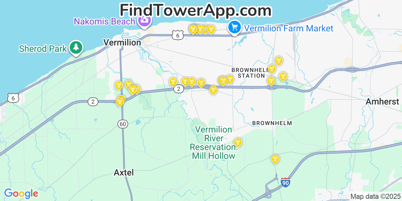 Map showing the 27 primary Verizon cell tower locations detected in Vermilion On The Lake, Ohio with coverage radius and signal strength indicators