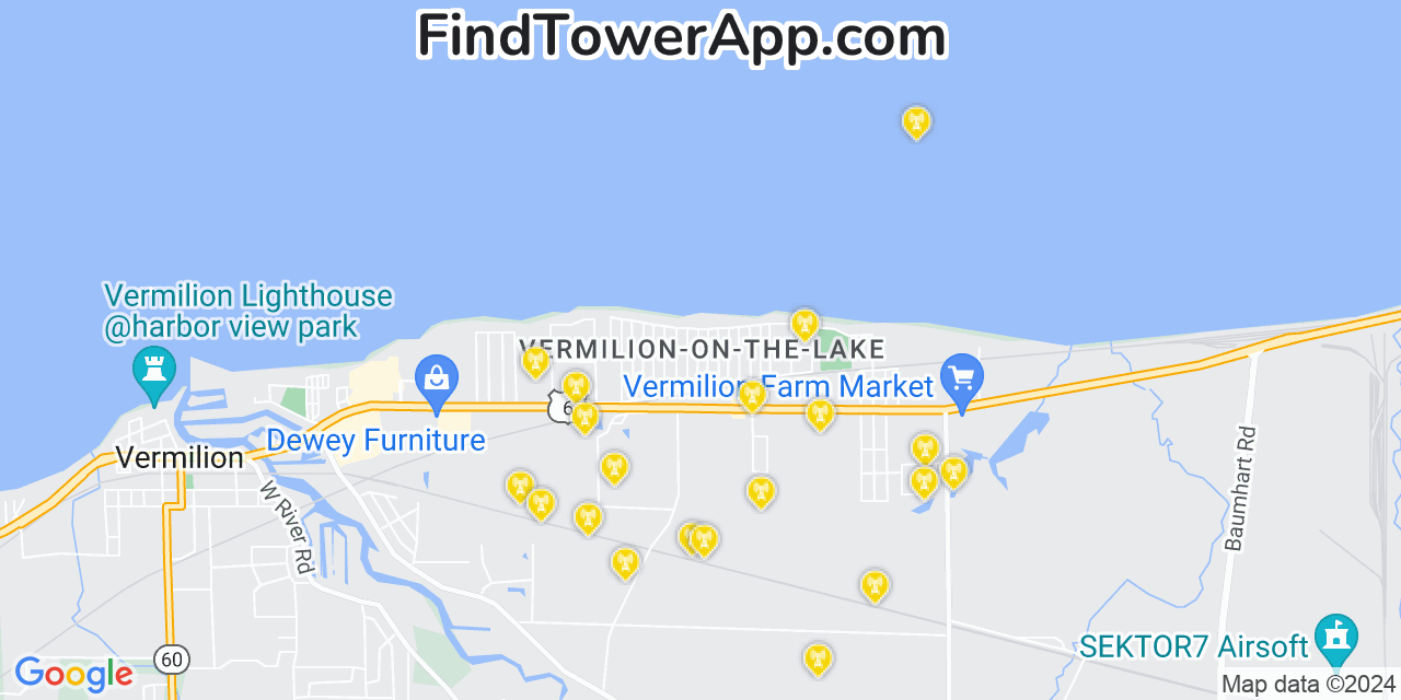 AT&T 4G/5G cell tower coverage map Vermilion on the Lake, Ohio