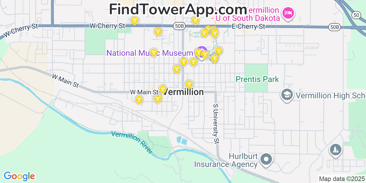 Map showing the 20 primary cell tower locations detected in Vermillion, South Dakota from AT&T, Verizon, and T-Mobile networks