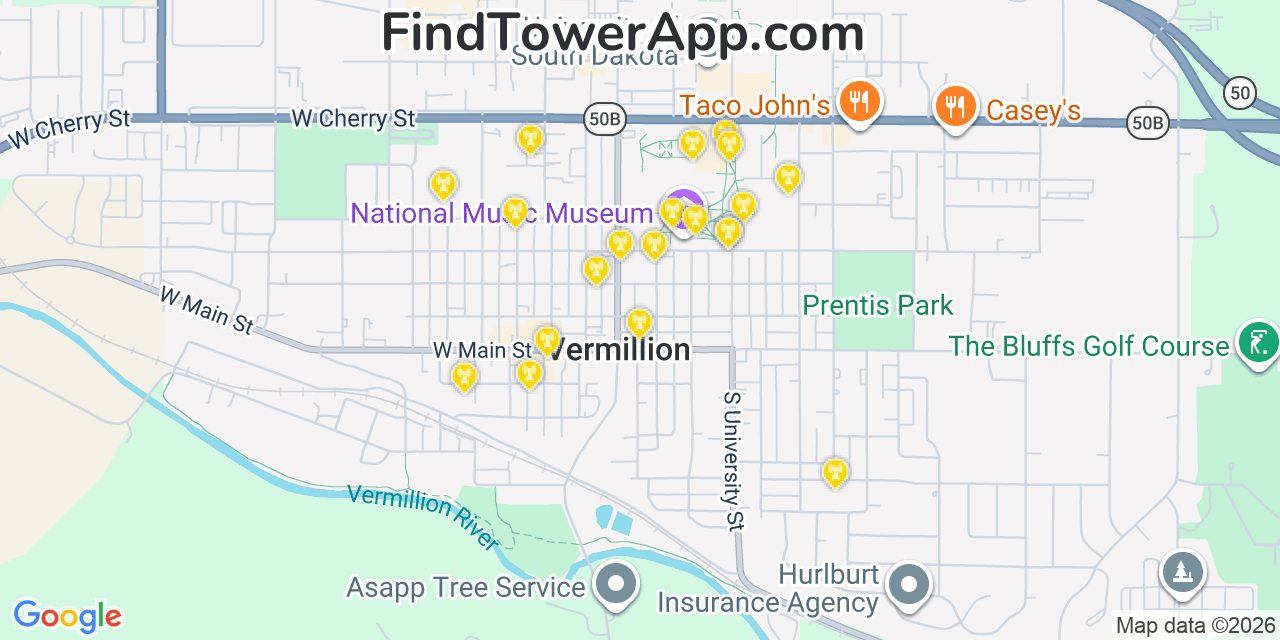 Map showing the 20 primary cell tower locations detected in Vermillion, South Dakota from AT&T, Verizon, and T-Mobile networks