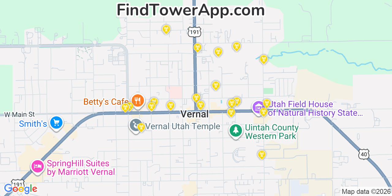 Map showing the 20 primary cell tower locations detected in Vernal, Utah from AT&T, Verizon, and T-Mobile networks