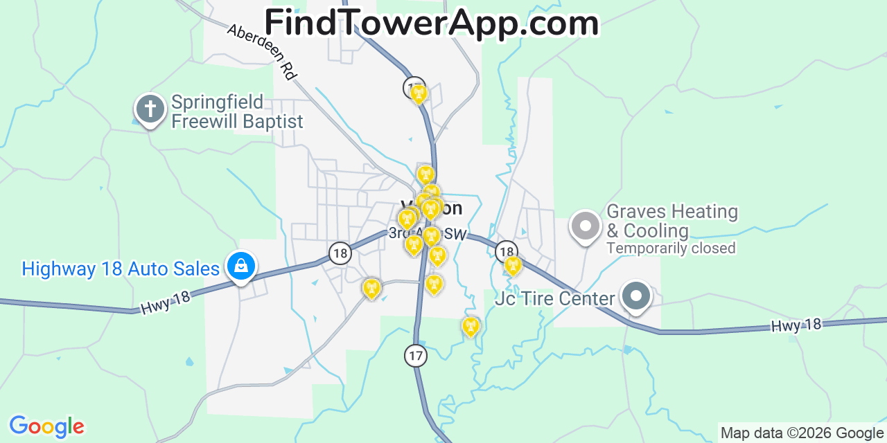 Map showing the 20 primary cell tower locations detected in Vernon, Alabama from AT&T, Verizon, and T-Mobile networks