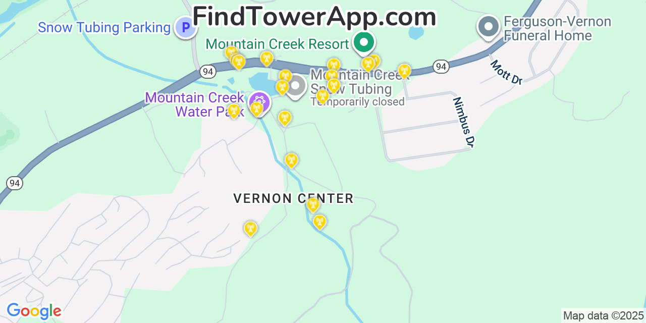 Map showing the 20 primary cell tower locations detected in Vernon Center, New Jersey from AT&T, Verizon, and T-Mobile networks
