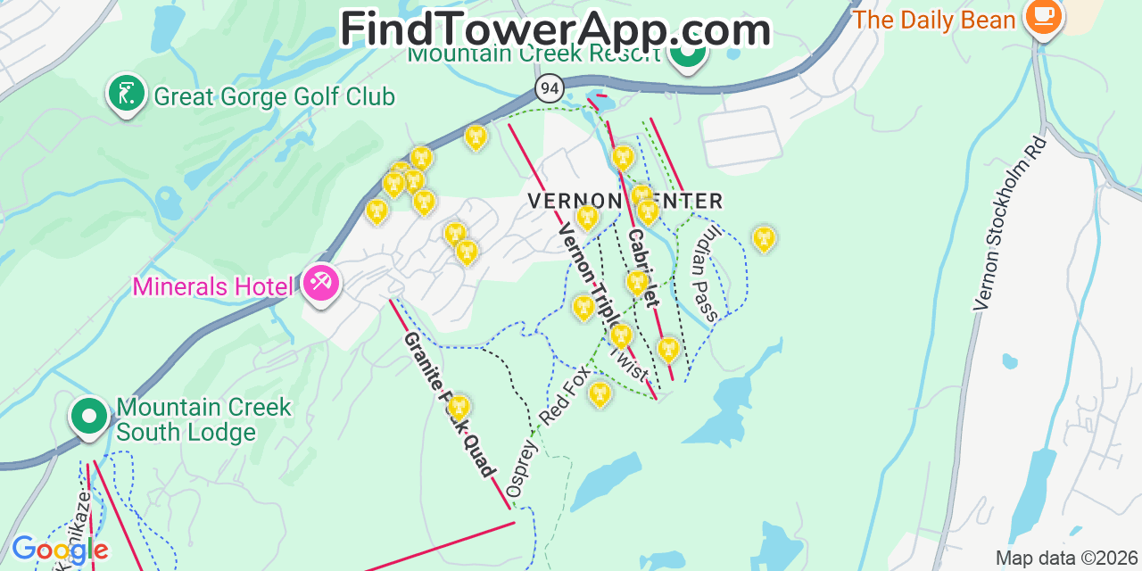 Map showing the 20 primary cell tower locations detected in Vernon Center, New Jersey from AT&T, Verizon, and T-Mobile networks