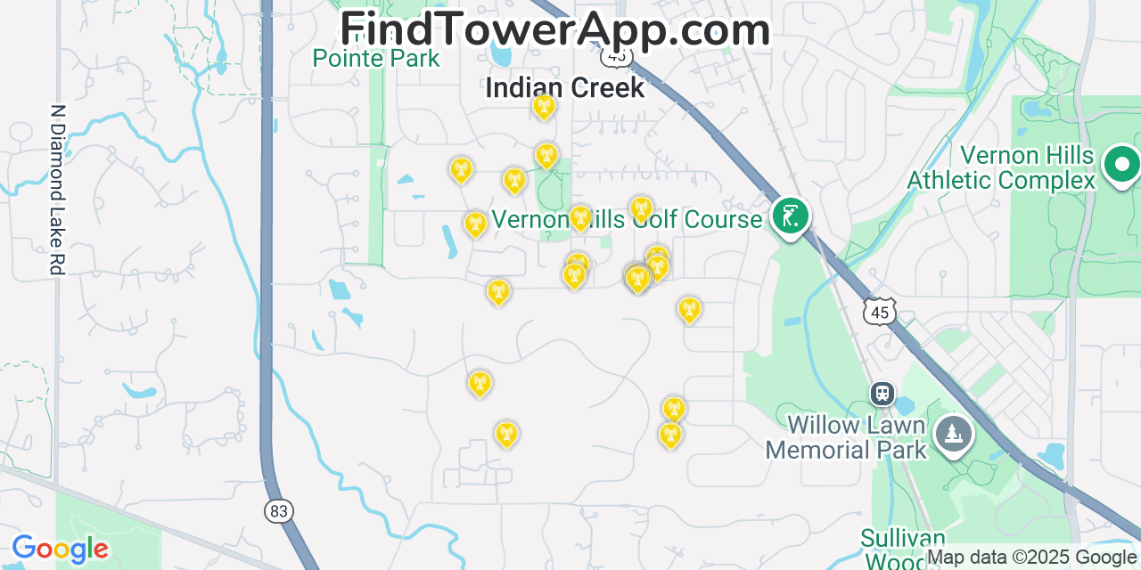 Map showing the 20 primary cell tower locations detected in Vernon Hills, Illinois from AT&T, Verizon, and T-Mobile networks
