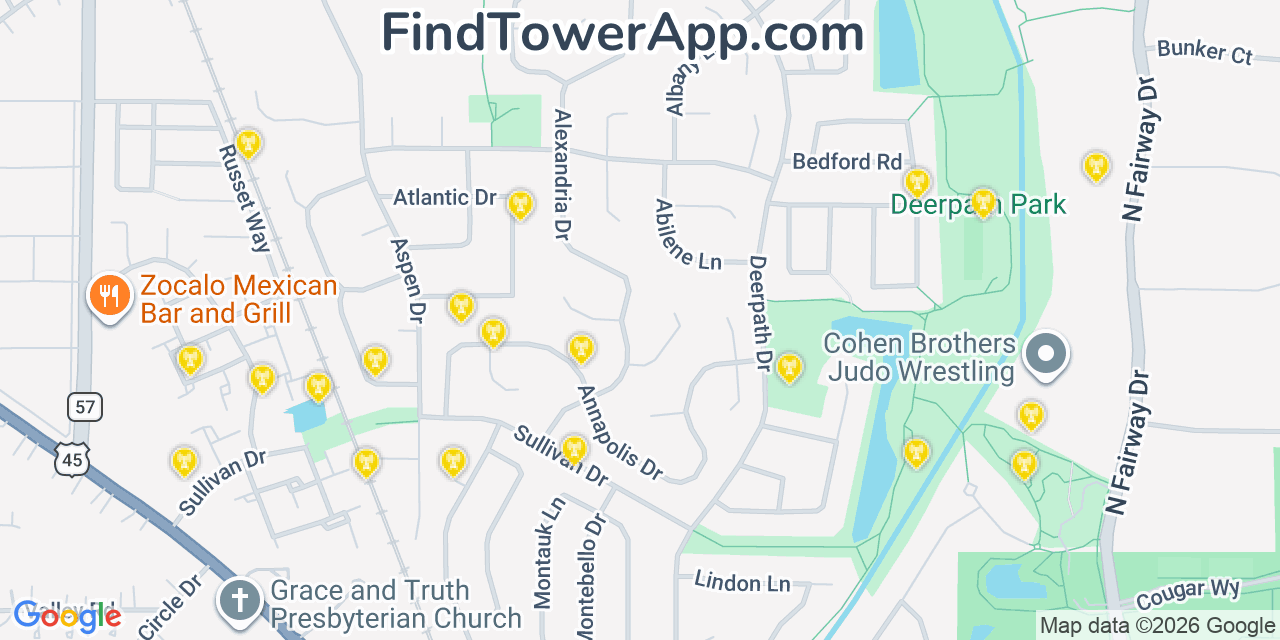 Map showing the 20 primary cell tower locations detected in Vernon Hills, Illinois from AT&T, Verizon, and T-Mobile networks
