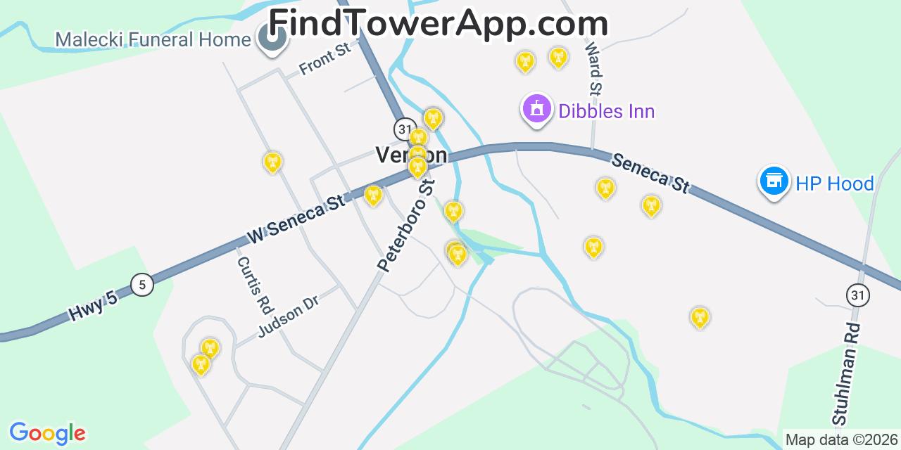 Map showing the 20 primary cell tower locations detected in Vernon, New York from AT&T, Verizon, and T-Mobile networks