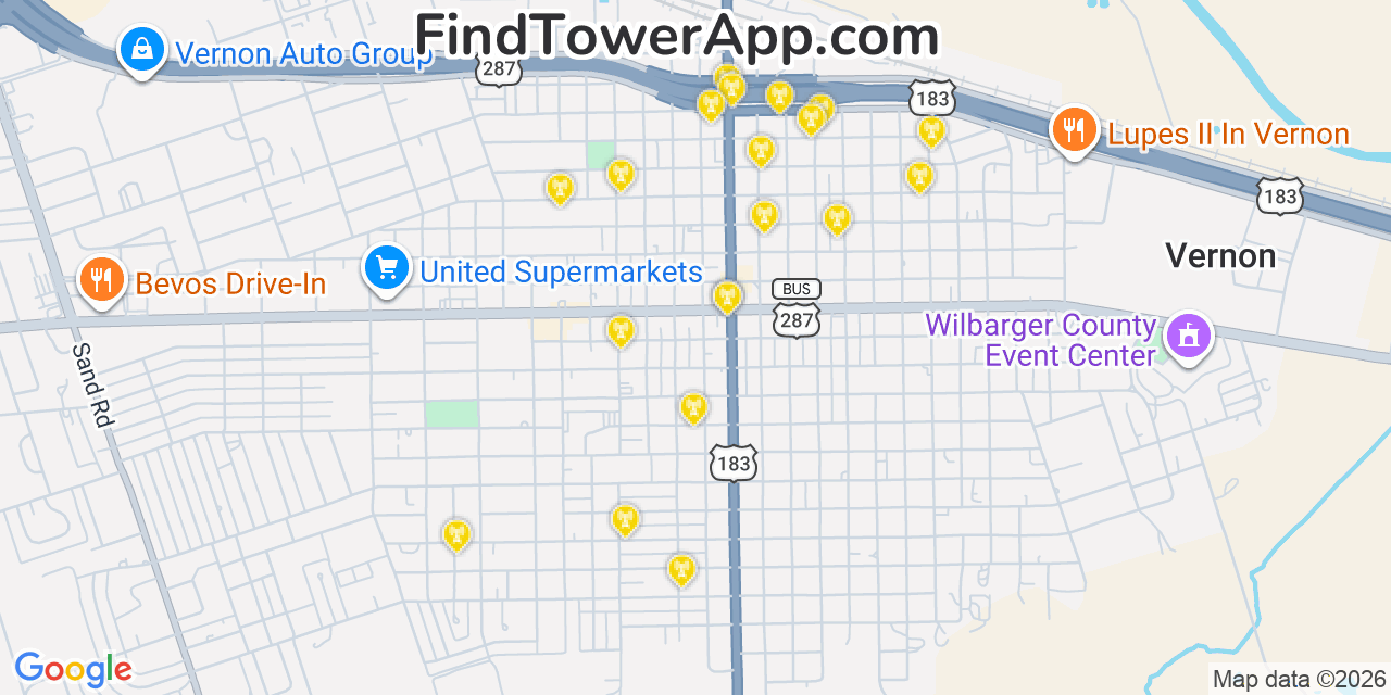 Map showing the 20 primary cell tower locations detected in Vernon, Texas from AT&T, Verizon, and T-Mobile networks