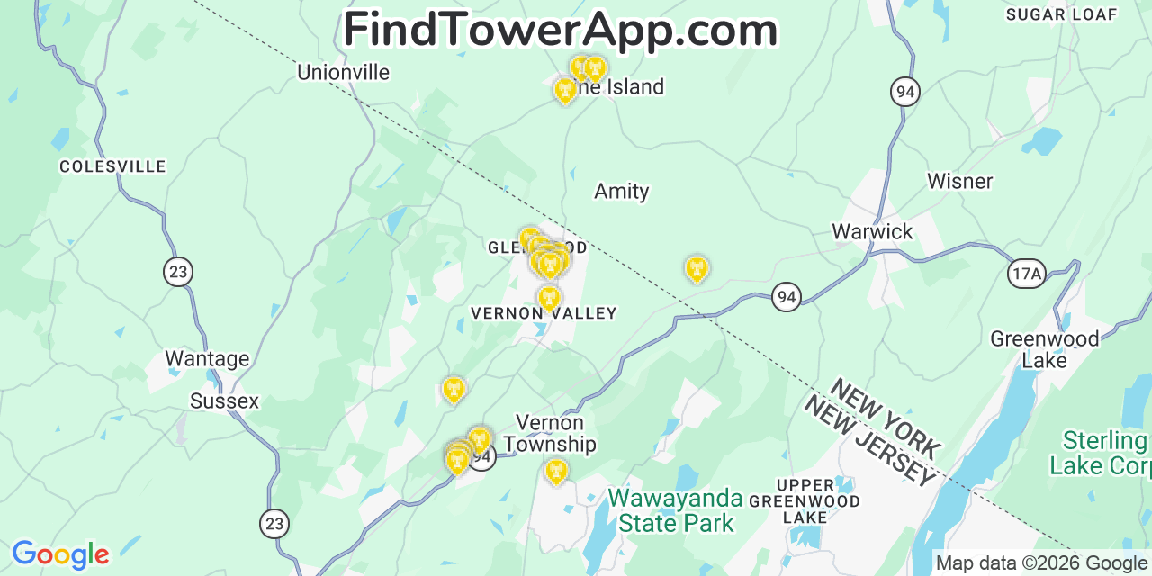 Map showing the 20 primary cell tower locations detected in Vernon Valley, New Jersey from AT&T, Verizon, and T-Mobile networks