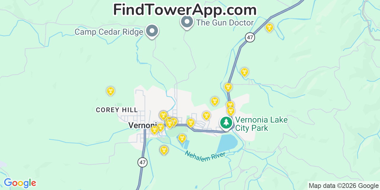 Map showing the 20 primary cell tower locations detected in Vernonia, Oregon from AT&T, Verizon, and T-Mobile networks