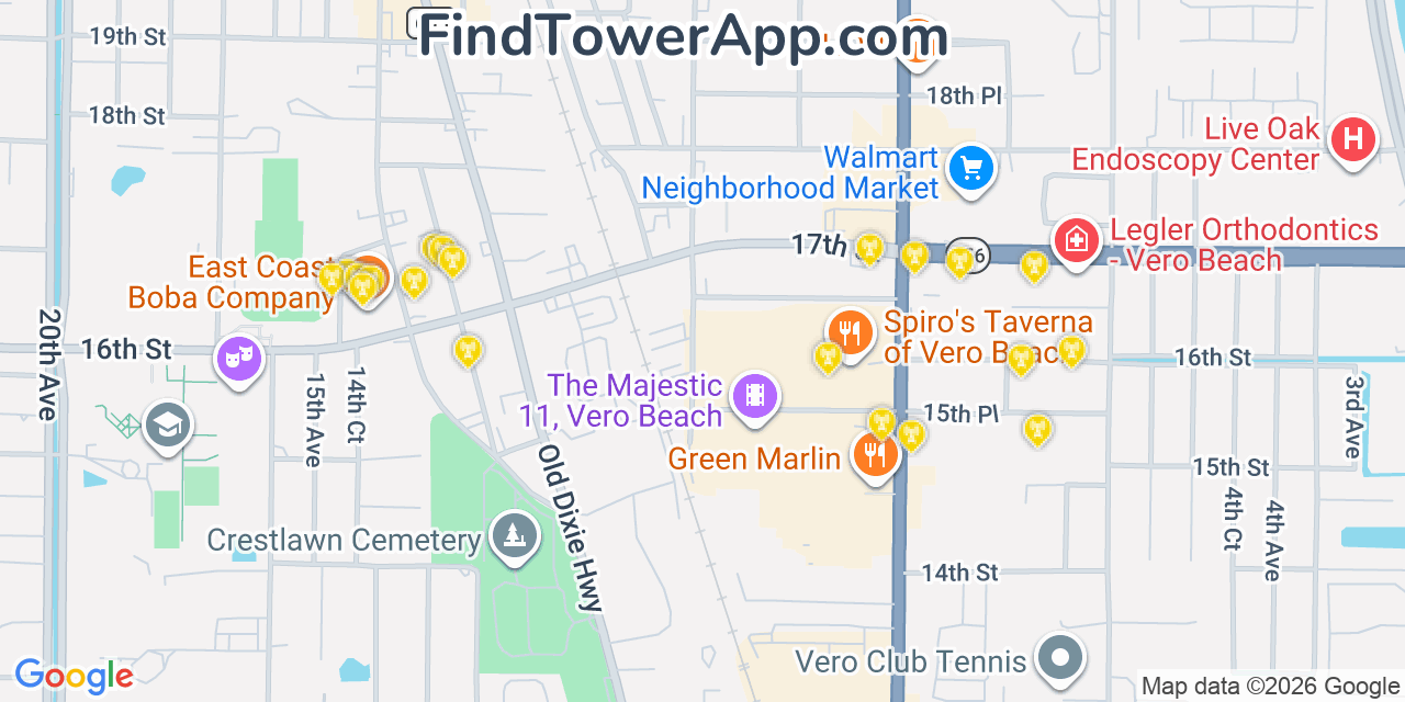 Map showing the 20 primary cell tower locations detected in Vero Beach, Florida from AT&T, Verizon, and T-Mobile networks