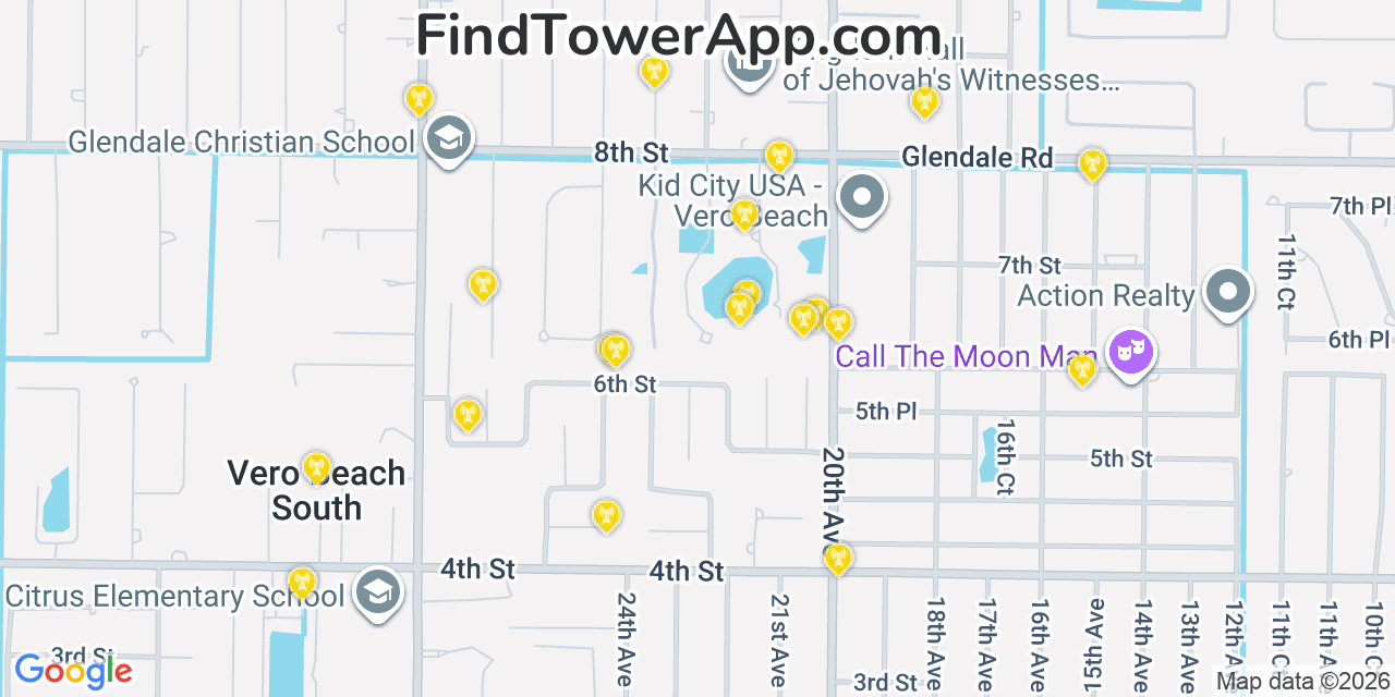 Map showing the 20 primary cell tower locations detected in Vero Beach South, Florida from AT&T, Verizon, and T-Mobile networks
