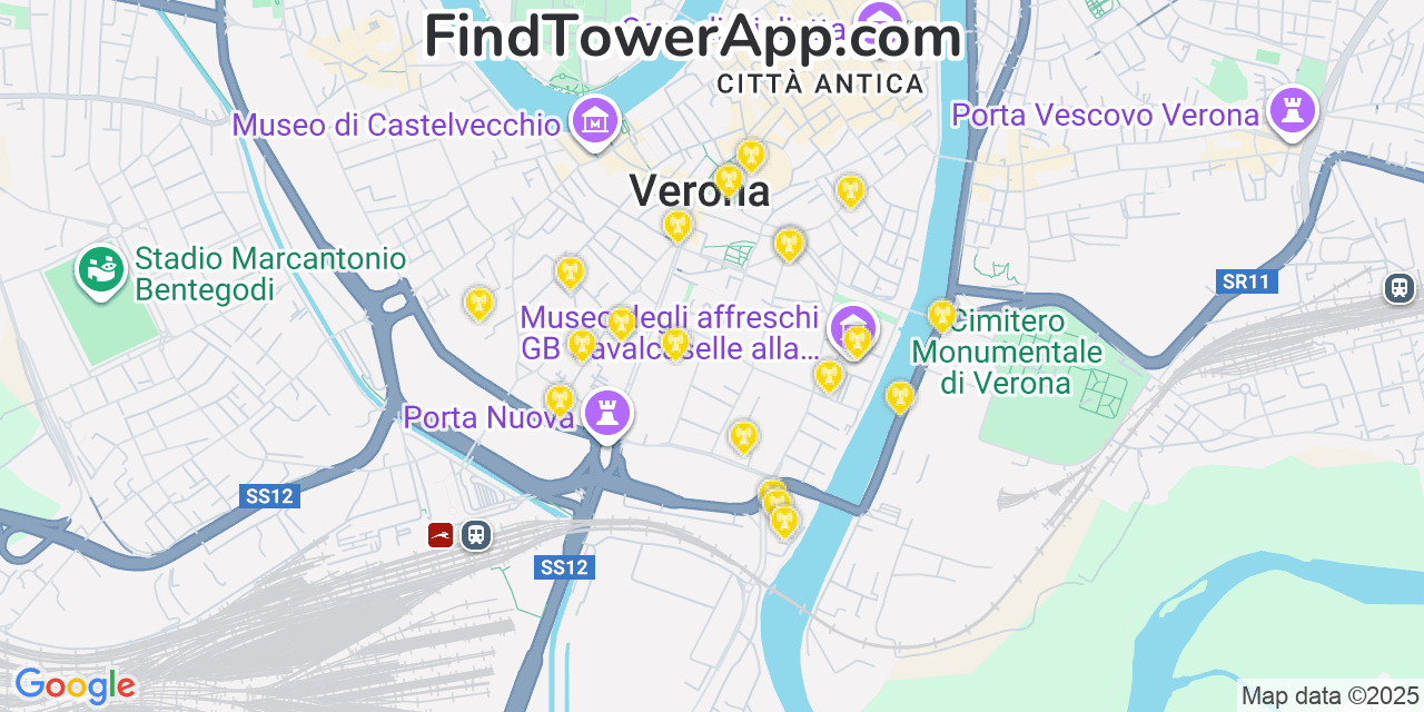 Map showing the 20 primary cell tower locations detected in Verona, Italy with coverage areas and signal strength