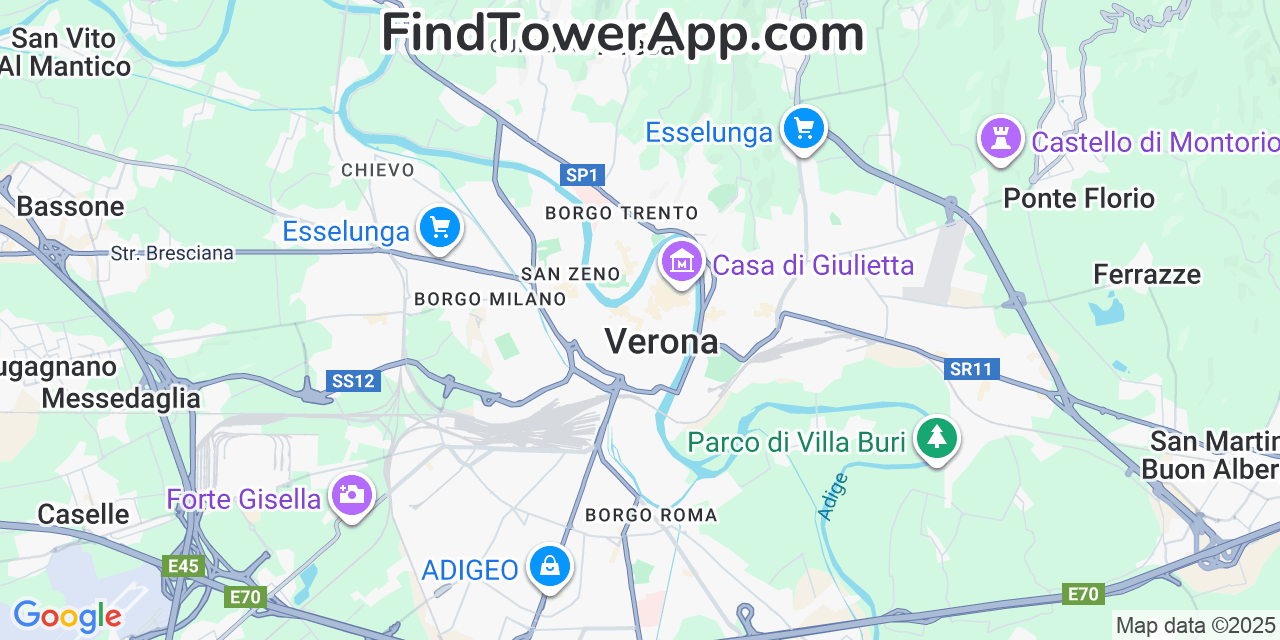 Map showing the 0 primary TIM cell tower locations detected in Verona, Italy with coverage radius and signal strength indicators