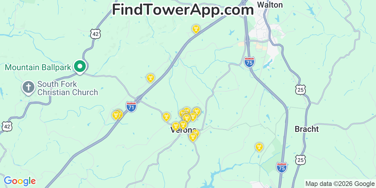 Map showing the 20 primary cell tower locations detected in Verona, Kentucky from AT&T, Verizon, and T-Mobile networks
