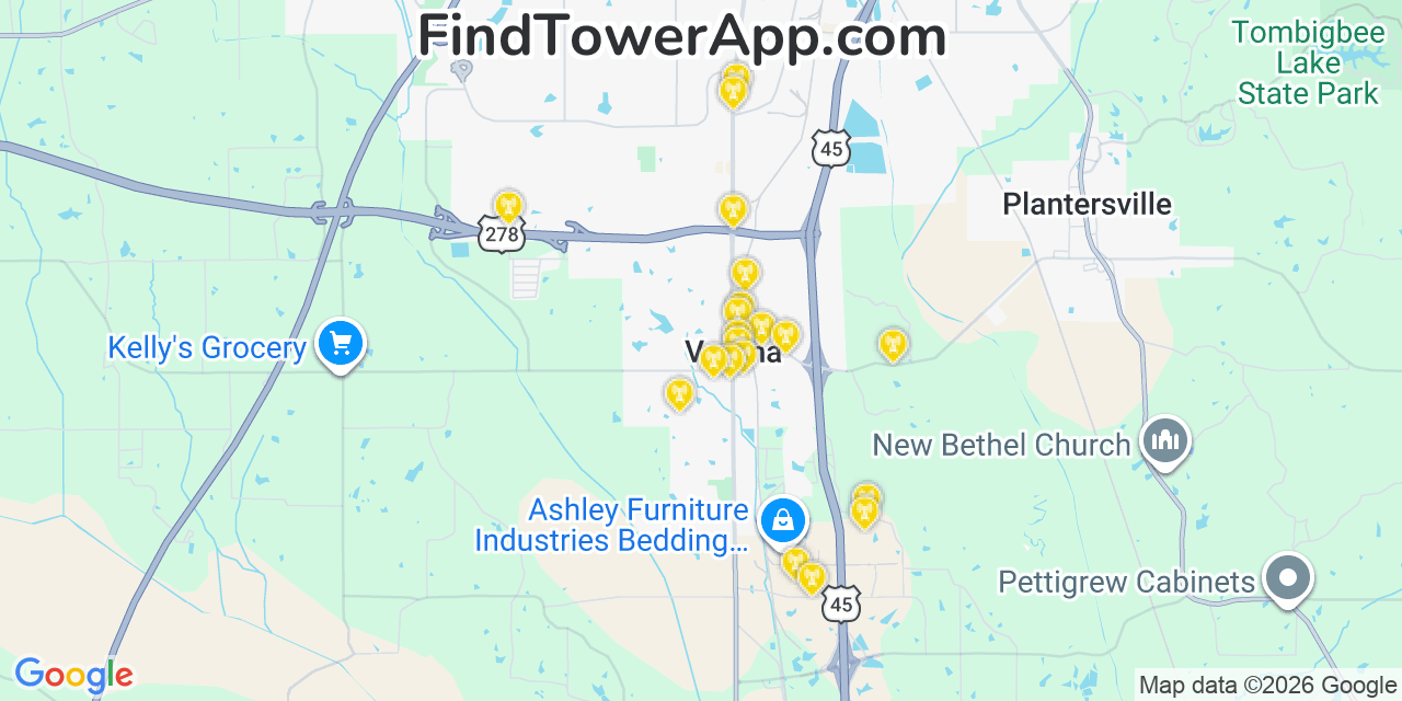 Map showing the 20 primary cell tower locations detected in Verona, Mississippi from AT&T, Verizon, and T-Mobile networks