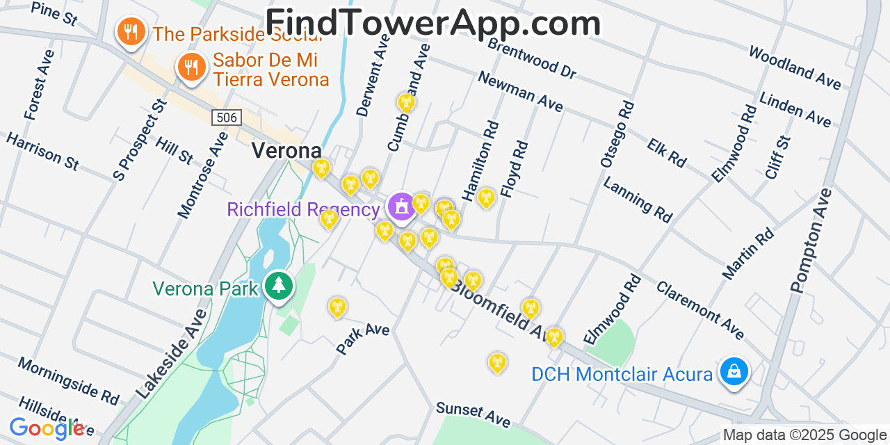 Map showing the 20 primary cell tower locations detected in Verona, New Jersey from AT&T, Verizon, and T-Mobile networks
